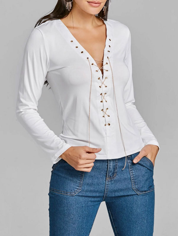 Womens Long Sleeve Deep V Lace Up Top